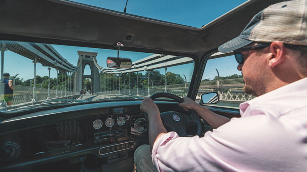 Classic Mini road trip driving Clifton Suspension Bridge